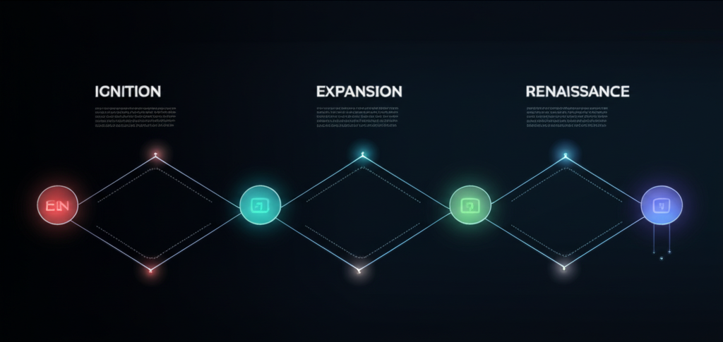 Dynamic futuristic roadmap timeline graphic for B2N project milestones, showing progression through phases.