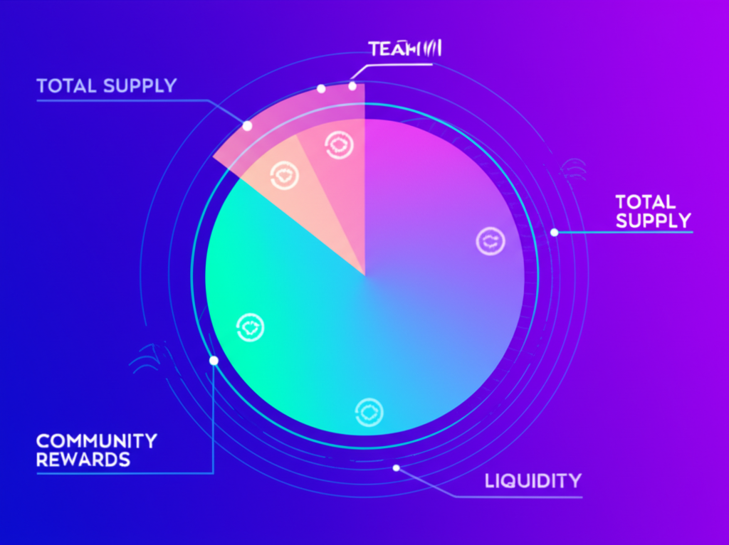 Futuristic infographic displaying B2N tokenomics, including total supply, distribution categories like liquidity, marketing, team, and community rewards.