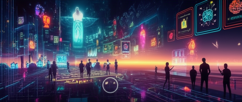 Visionary artwork depicting a thriving XRPL-powered metaverse, where artists and collectors interact with NFTs in a vibrant, futuristic digital world, facilitated by B2N.